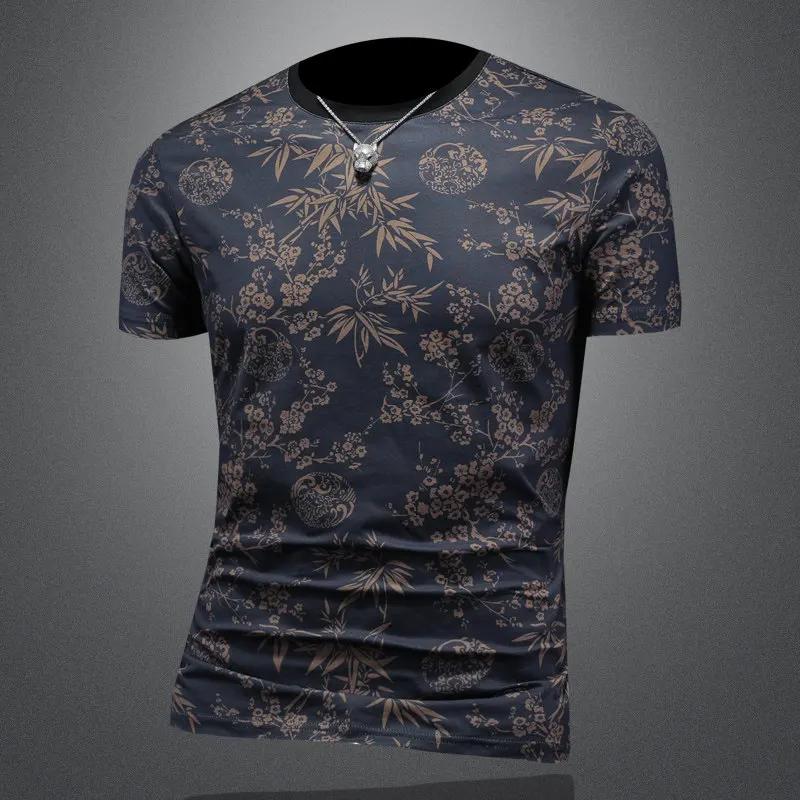 T-shirt d'été en soie glacée à col rond pour homme, manches courtes, décontracté, mode slim, streetw