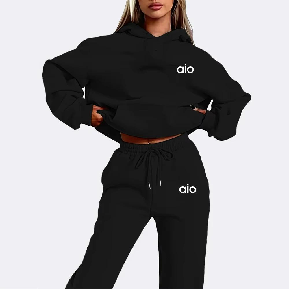 Ai impression haute qualité femmes Monochrome sweat à capuche ensemble décontracté deux pièces ensem