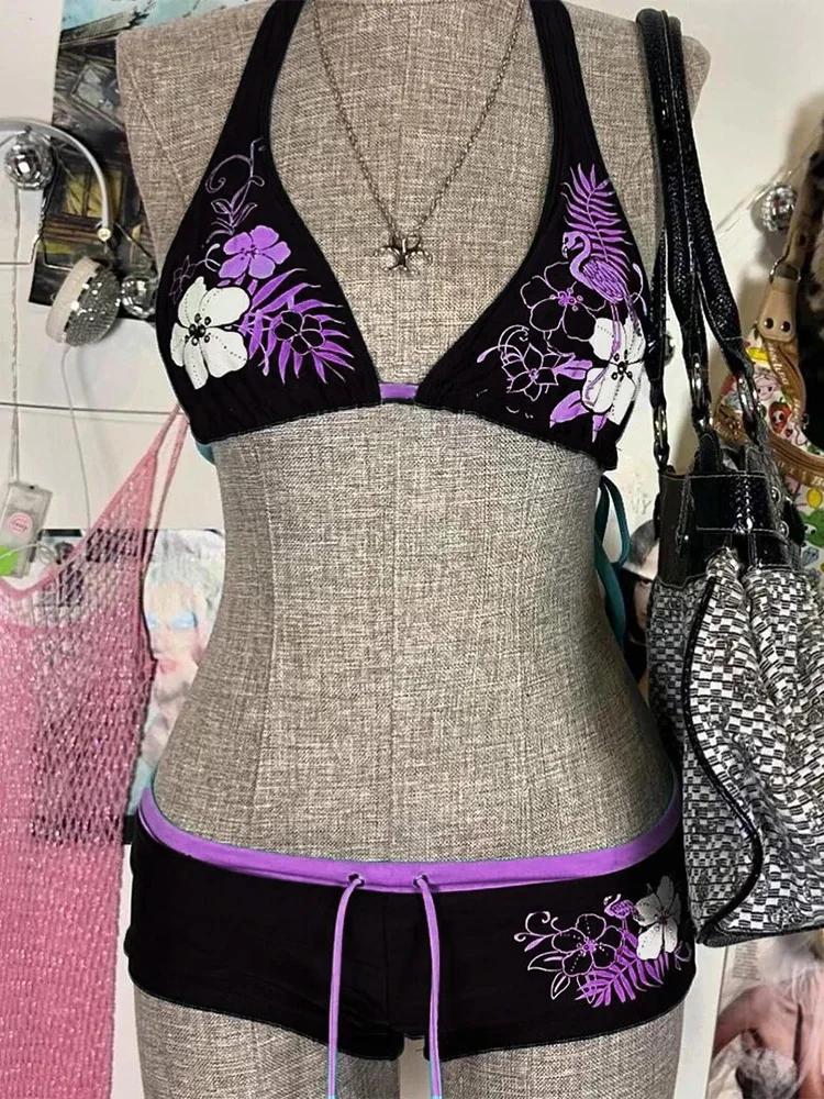 Vintage fleur imprimé Cutie ensemble Bikini 2000s maillot de bain Sexy femmes bain mode licou maillo