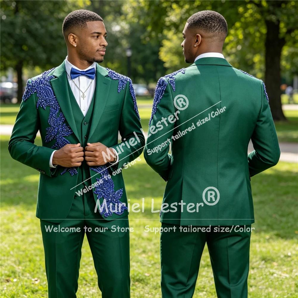 Costumes de mariage exclusifs pour le marié, blazer bleu avec appliques perlées, smoking personnalis