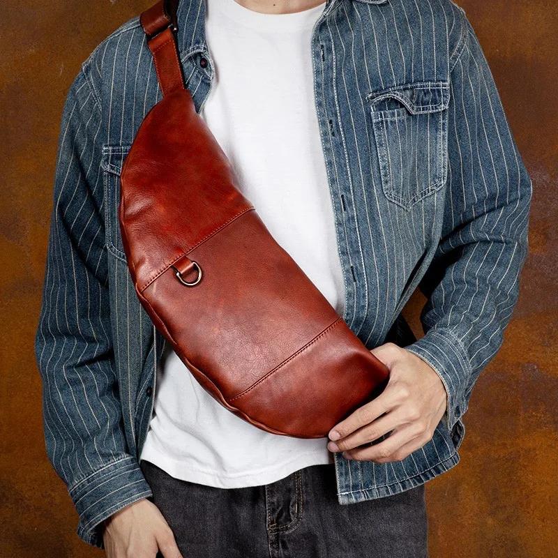 Sac de poitrine en cuir véritable fait à la main, sac à bandoulière décontracté, sac à bandoulière s