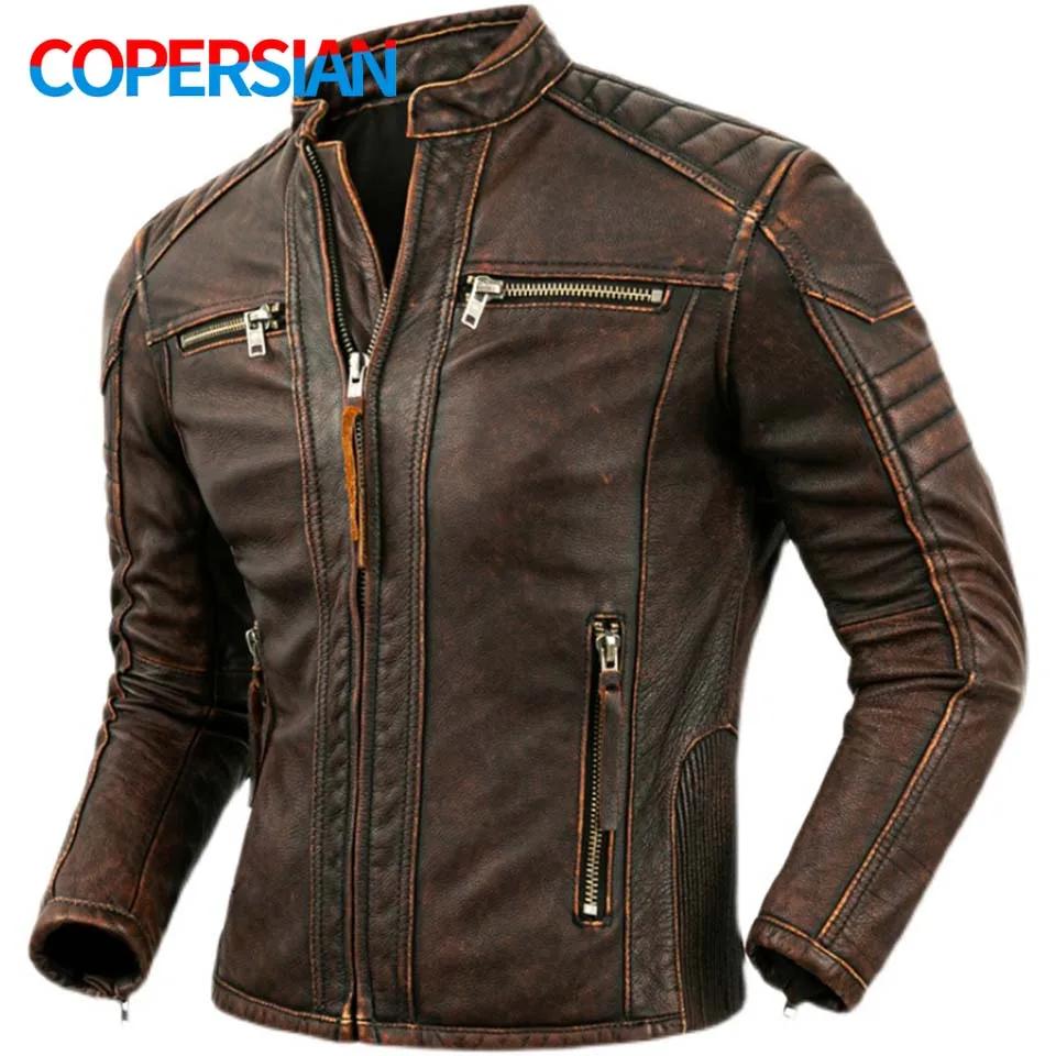 Veste de moto à col montant en cuir de vachette naturel pour hommes, vêtements de motard, marron rét