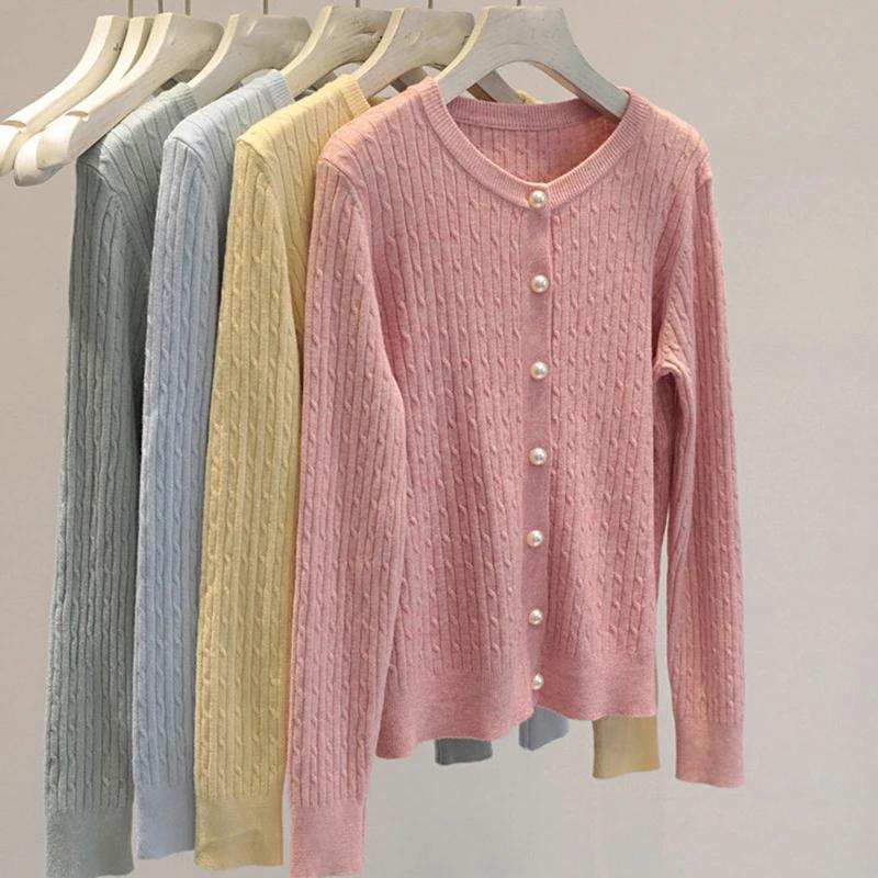 Élégant à manches longues tricots hauts femmes automne hiver simple boutonnage pull col rond épais c