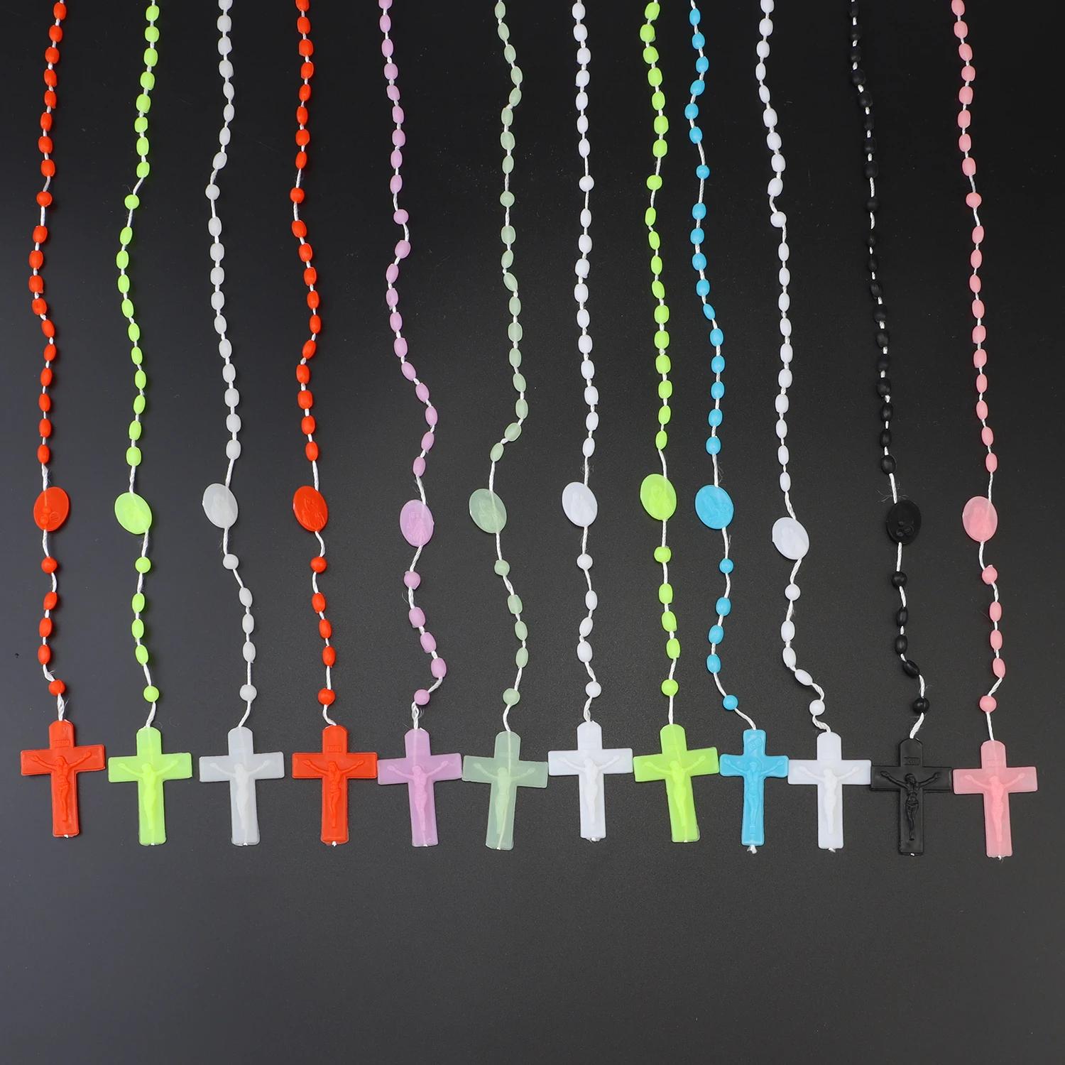 Chapelet multicolore, perles de prière, classique, vieux pendentif croix en plastique, colliers, bij