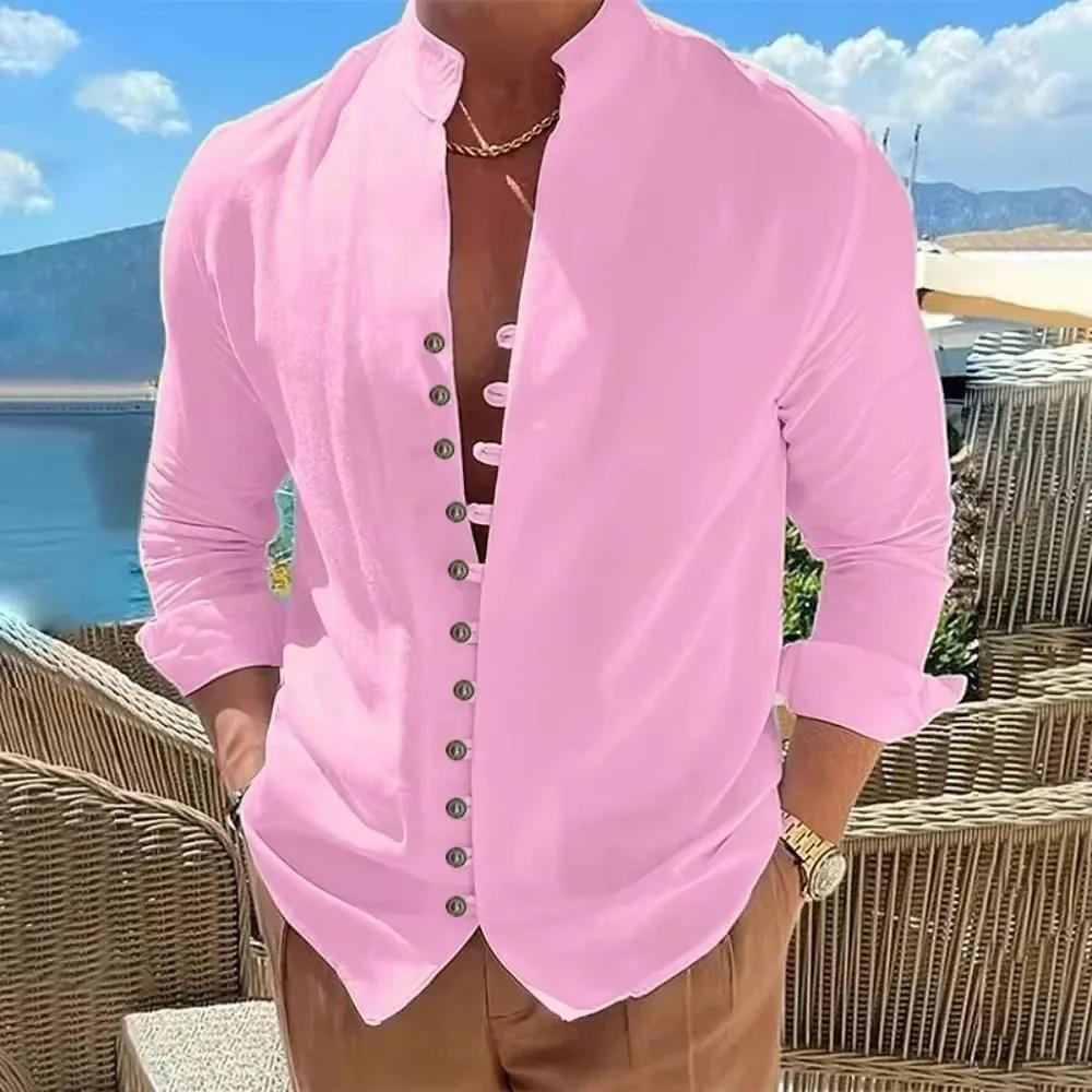 Chemise en coton et lin pour hommes, chemises à manches longues, couleur unie, boutonnée, Style déco
