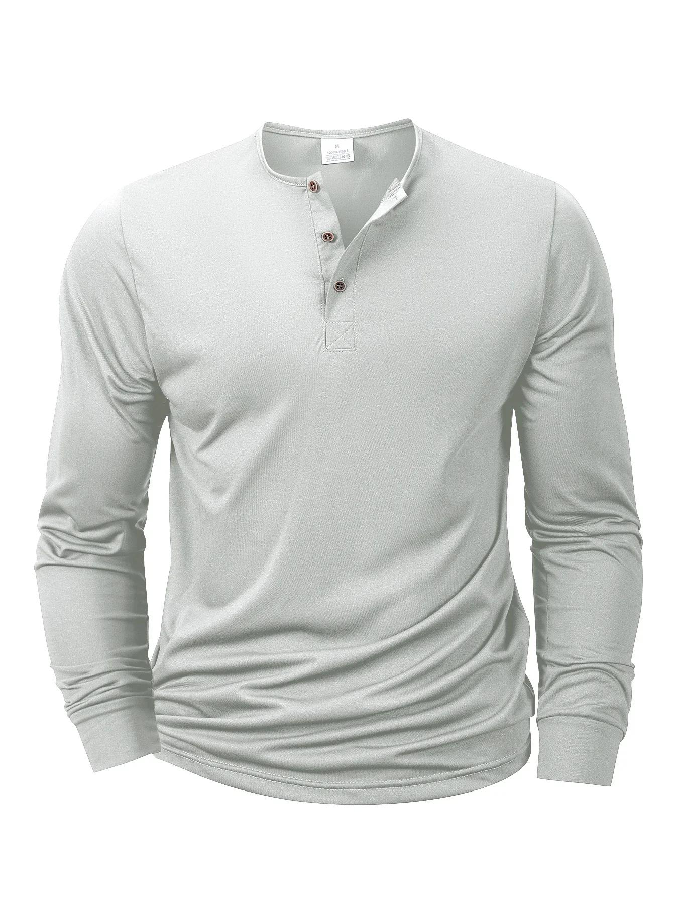T-shirt à manches longues pour hommes, col Henley, coupe cintrée, chemise à bascule, hauts de Fitnes