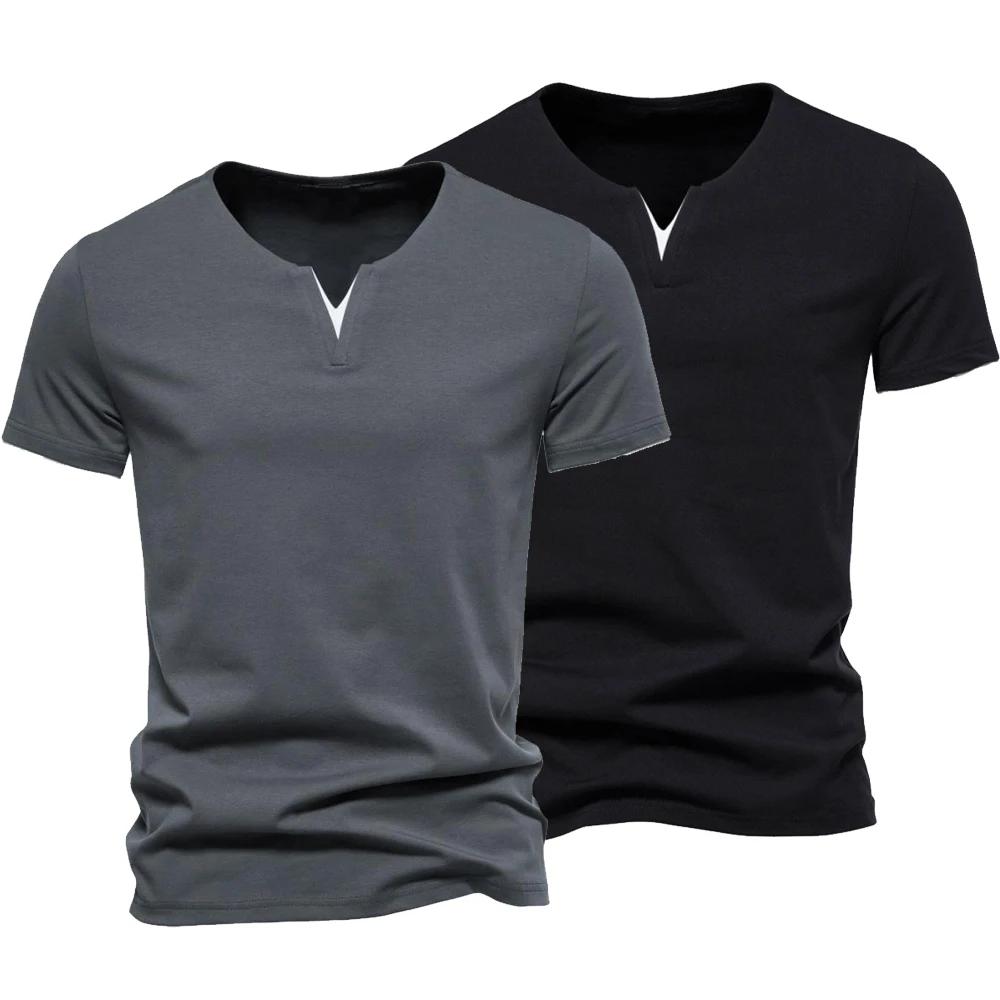 Henley – T-shirt manches courtes col en v pour homme, décontracté, coupe cintrée, basique, ample, Fi