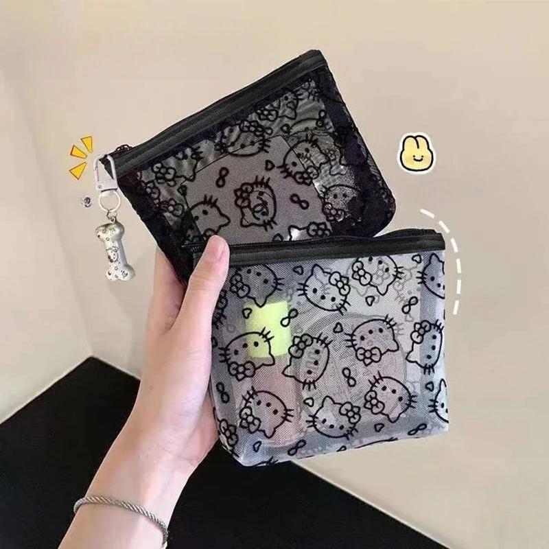 Sac à cosmétiques Kawaii Hello Kitty, style anime, sac à monnaie portable en maille, sac de rangemen