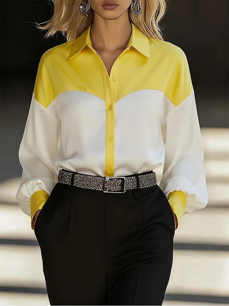 Chemise à manches longues pour femme, col rabattu, bouton, bloc de couleur, patchwork, décontractée,