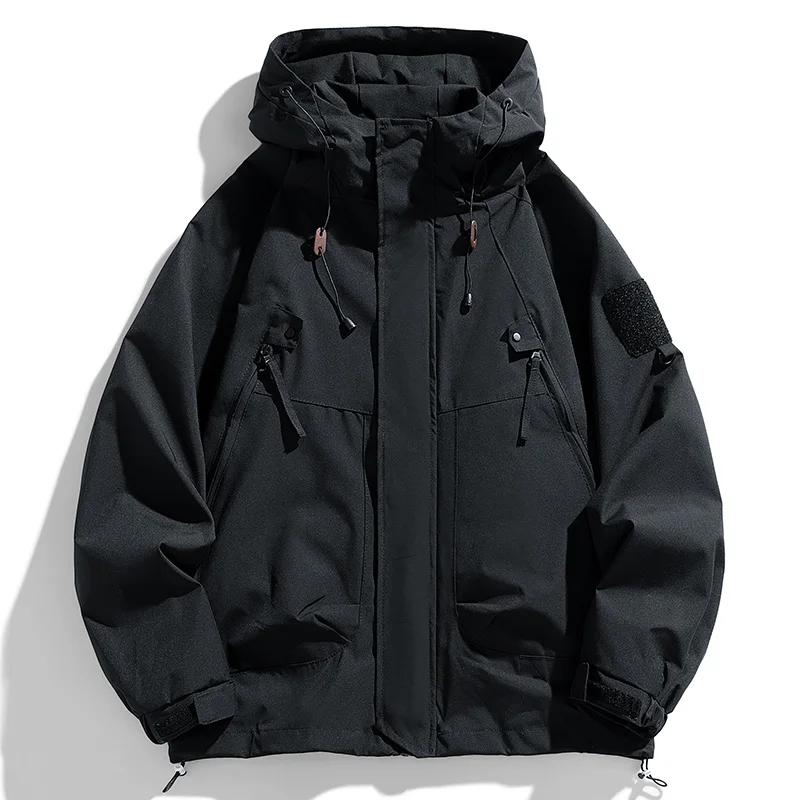 Coupe-vent hommes veste à capuche manteau à glissière Cargo imperméable noir Bomber Camping ample mi