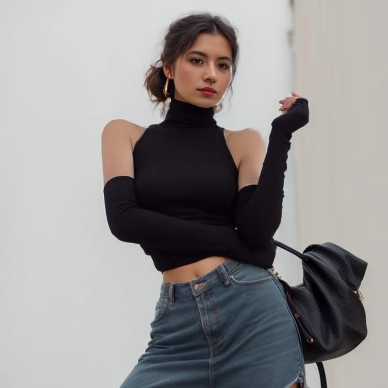 Femme vêtements automne 2025 débardeur manches couverture sans manches plis latéraux col roulé T-shi