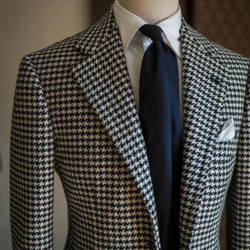 Blazer d'affaires pied-de-poule pour hommes, veste de costume à revers cranté à carreaux, manteau fo