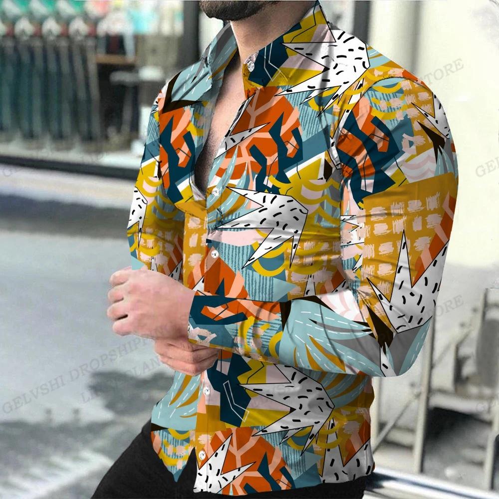 Chemises à thème géométriqueMode pour hommes, chemises décontractées confortables à manches longues,