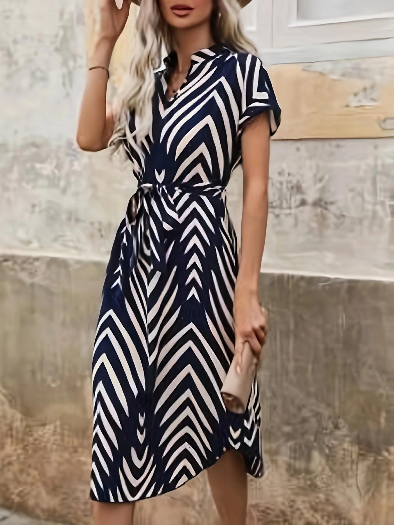 Robe élégante à manches courtes et col en V pour femmes, vêtements décontractés, ceinture à rayures,