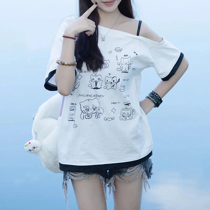 Japonais Y2k sous-culture mignon T-shirt épaules dénudées blanc à manches courtes été T-shirt femme 
