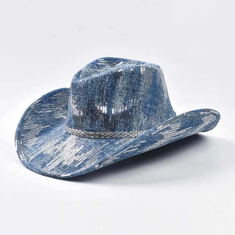Chapeau de cowboy occidental en denim lavé, chapeau de jazz de cow-girl adapté aux vêtements décontr
