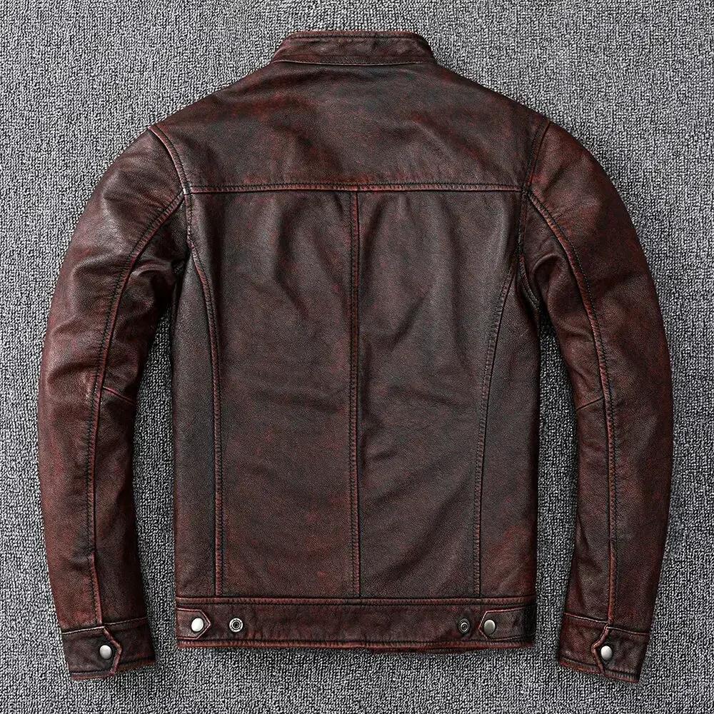Veste en cuir véritable pour hommes, manteau marron vintage, style motard classique, court, mince, d