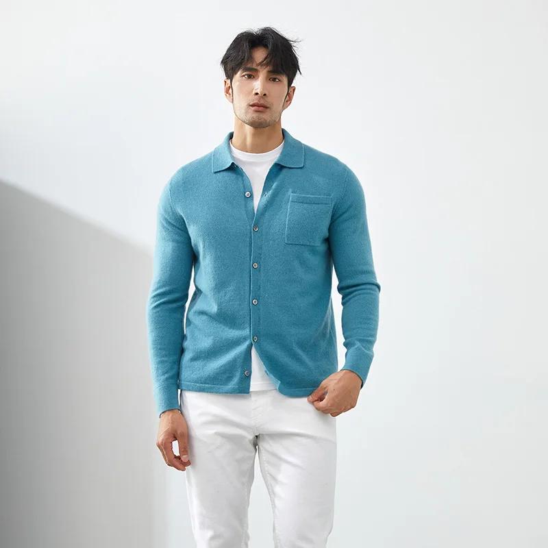 Cardigan tricoté en cachemire pour homme, couleur unie, manches longues, col POLO, veste décontracté