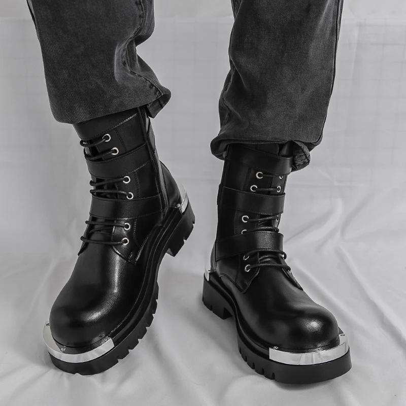 Bottes Chelsea pour hommes, couleur unie, semelle épaisse, hauteur augmentant, haut en métal, gros o