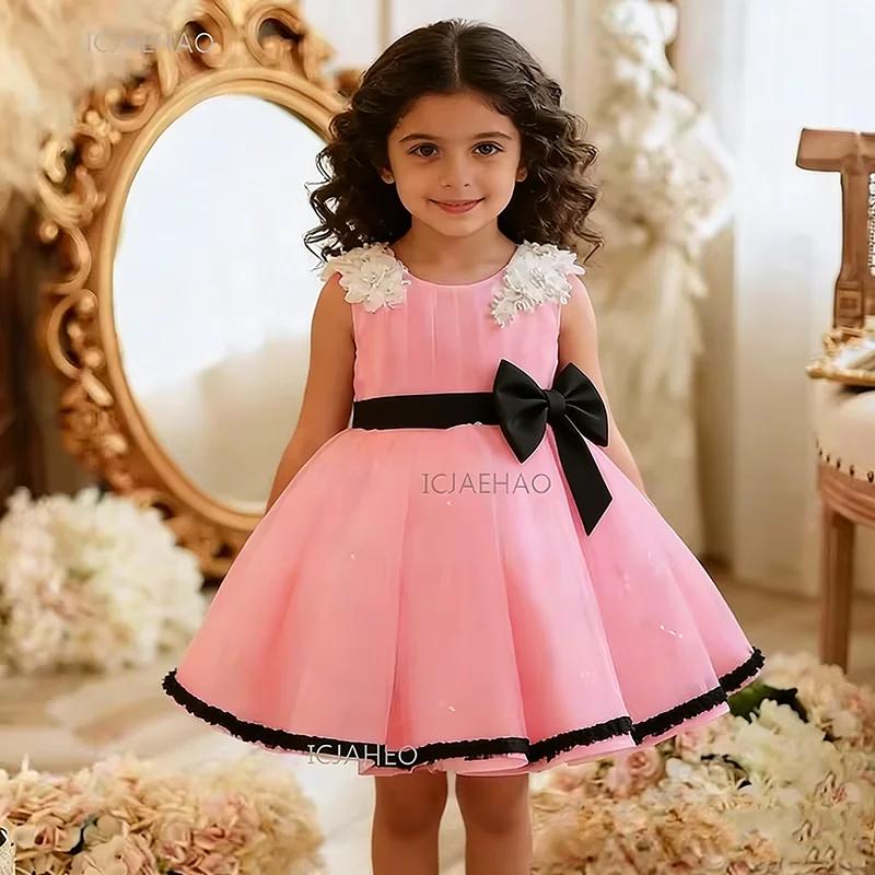 Robe de soirée noire pour filles avec nœud et ceinture, tenue de princesse tutu pour enfants, idéale