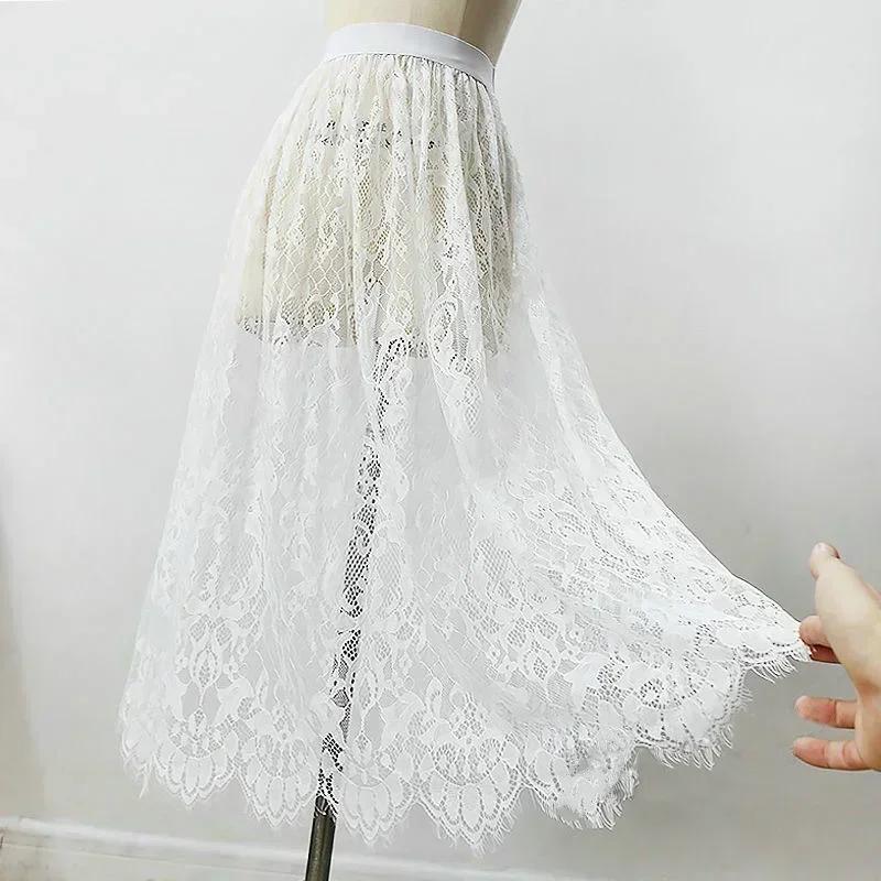 Été femmes maille dentelle Transparent longue Tulle jupe mode coréenne Sexy dames élastique taille h