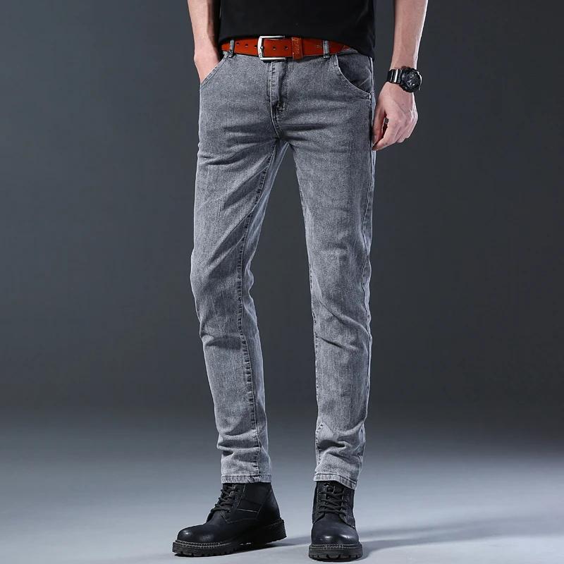 Jean nouveau style, coupe slim pour hommes, pantalon taille moyenne gris élastique à jambe droite co