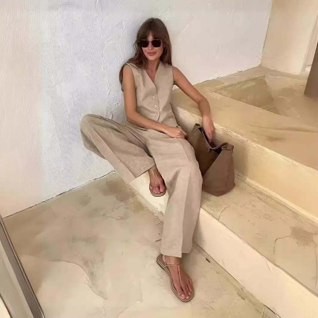 2025 nouvelles femmes lin coton Chic gilet et pantalon costume deux pièces ensemble bureau dames été