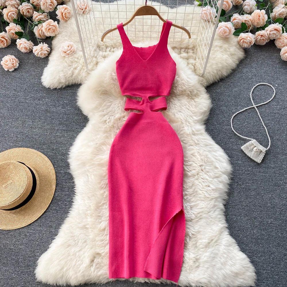 YuooMuoo femmes robe Sexy découpé taille paquet hanches fendu robe moulante été mode dame tricoté fê