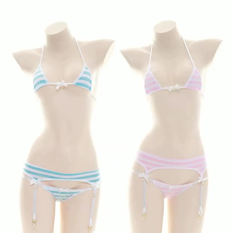 Soutien-gorge sexy Lolita pour femmes sous-vêtements Kawaii carnaval bleu rose blanc rayé mini bikin