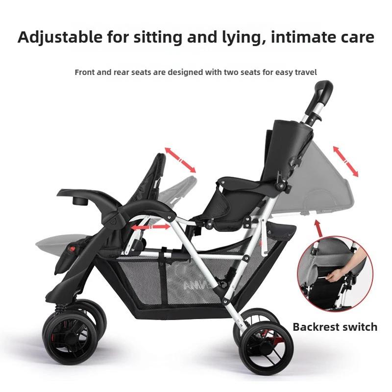 Poussette double légère pour bébé, peut s'asseoir ou s'allonger, siège avant et arrière pliable