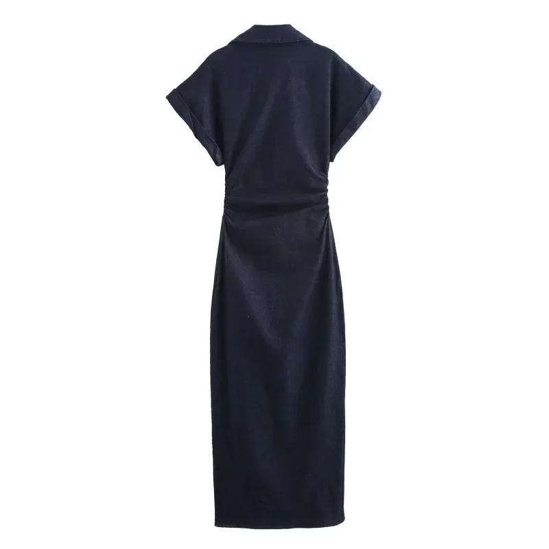 Printemps nouvelle série 1975 denim robe MIDI avec revers côté fermeture éclair mode rides taille mi