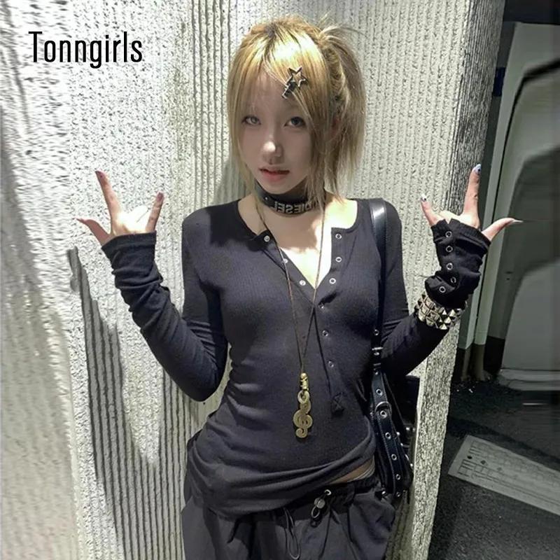Tonngirls Y2k japonais t-shirt femmes dentelle à manches longues imprimé graphique hauts Streetwear 