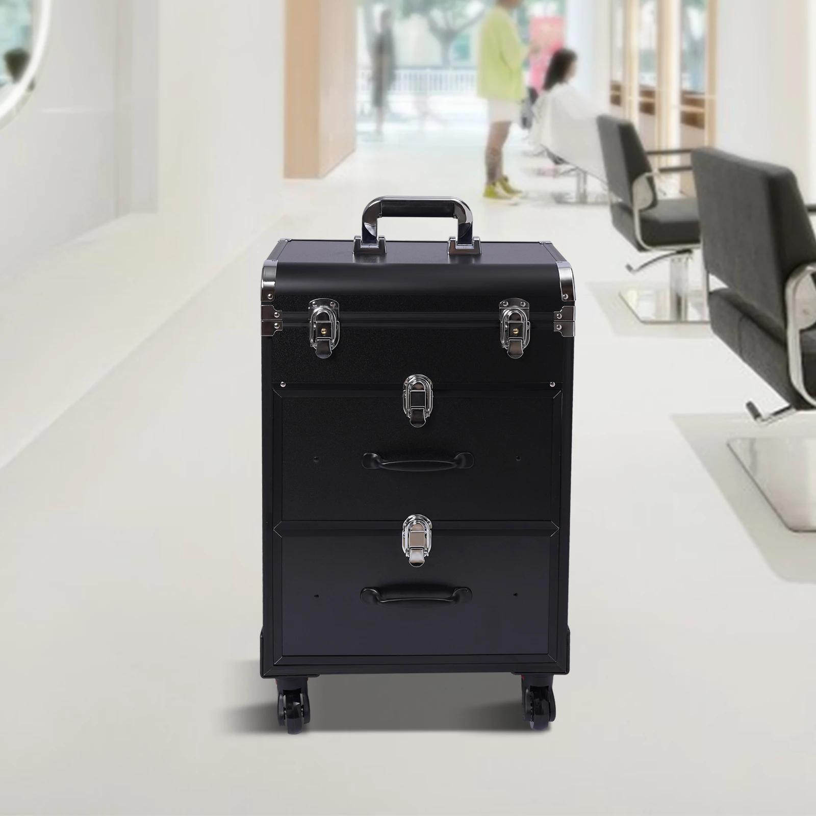 Valise à roulettes de maquillage à 3 niveaux, cadre en alliage d'aluminium, chariot cosmétique avec 
