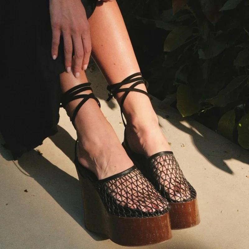 Plate-forme grille croix liée sandales Sexy ronde Slingback ceinture boucle nouveautés mode femmes c