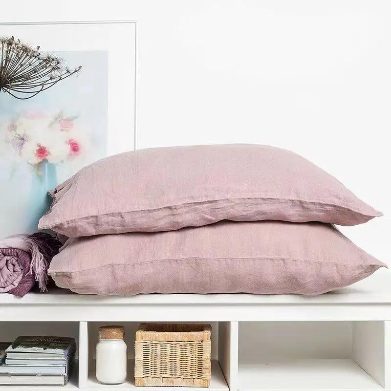 Housse de coussin en lin pur 100% naturel, couleur unie, coque européenne pour lit, enveloppe de tai
