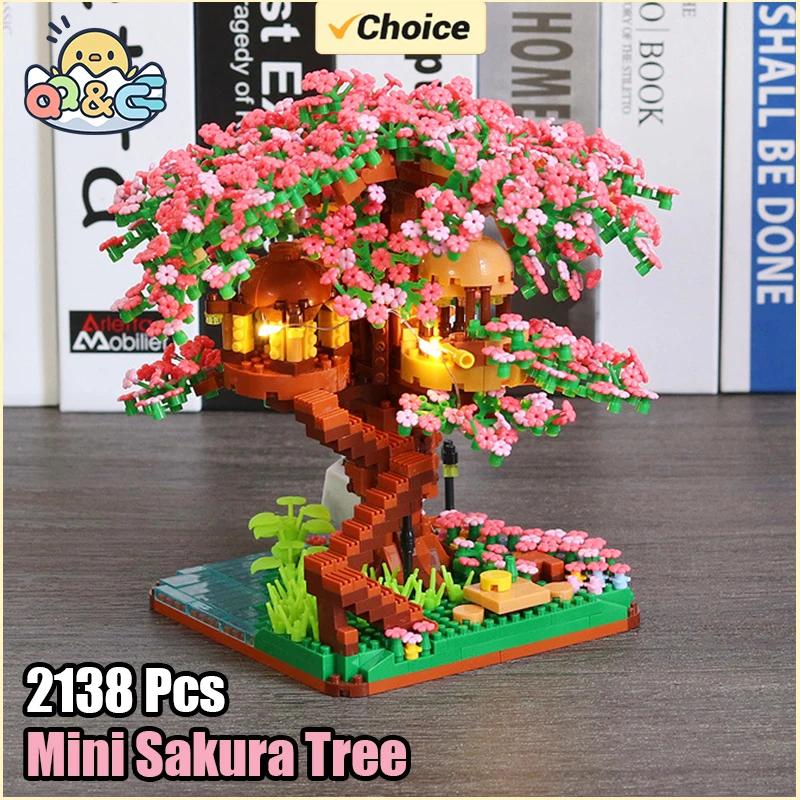Ensemble de blocs de construction d'arbre bonsaï cerisier, briques de plantes en fleurs de Sakura av