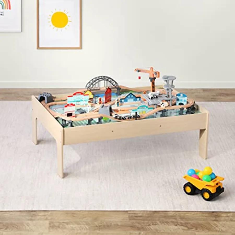 Amazon Basics Ensemble de train en bois de 120 pièces avec table d'activité Pistes robustes Poubelle