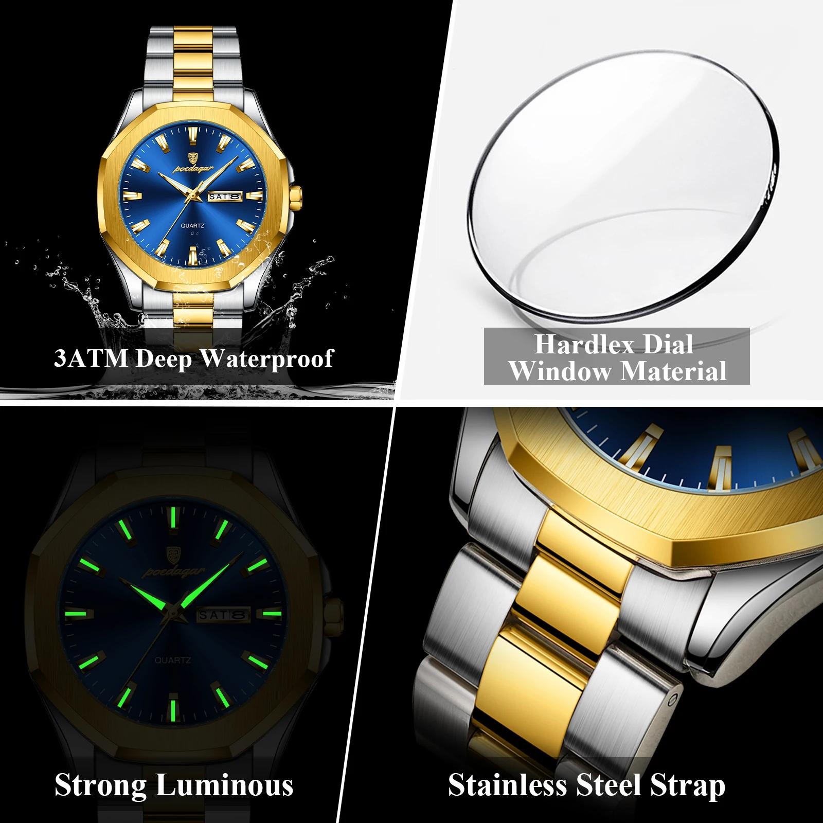 POEDAGAR-Montre-bracelet de luxe en acier inoxydable pour homme, étanche, Shoous, semaine, date, mod