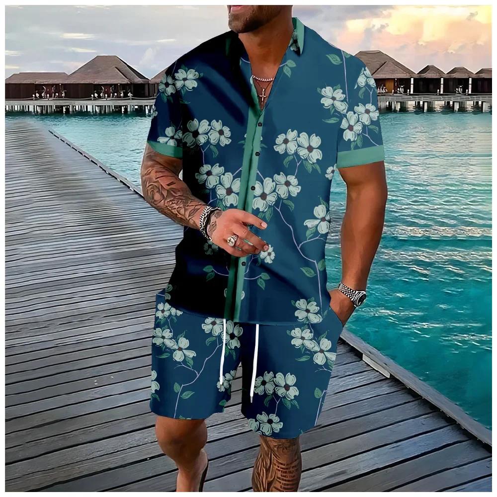 Chemise hawaïenne flamant cocotier impression 3d chemise à manches courtes + Short 2 pièces ensemble