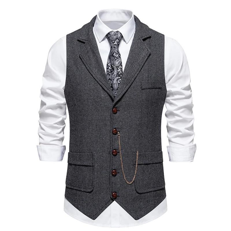 Gilet rétro à chaîne à revers pour hommes, mode chevrons, poches en Tweed grossier, gilet de costume