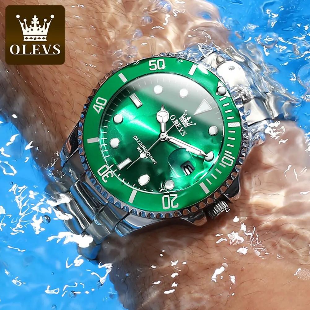 OLEVS-Montre à quartz étanche verte pour homme, acier inoxydable, montre-bracelet Shoous, luxe, haut