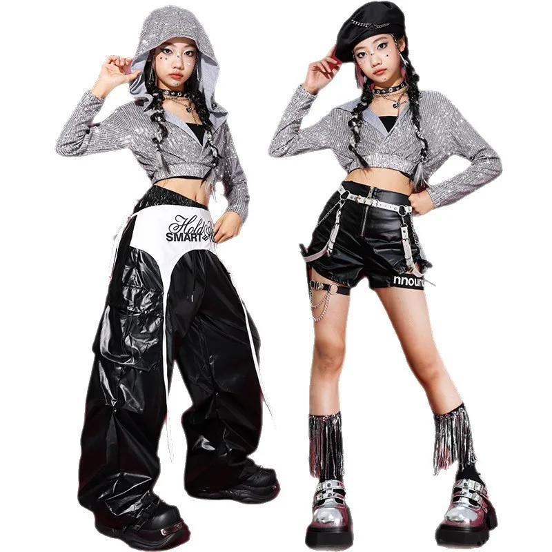 Ensembles de vêtements pour filles K-pop, sweats à capuche argentés et noirs à paillettes, shorts de