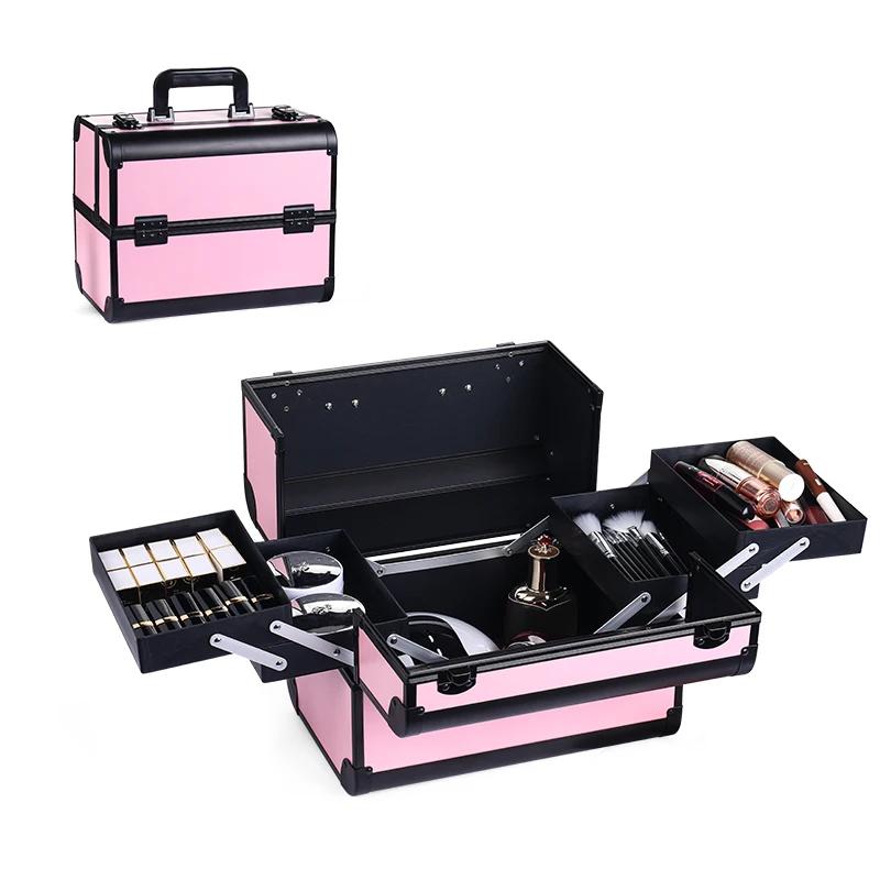 Boîte de Train de maquillage avec 4 plateaux réglables professionnels, boîte de rangement de maquill