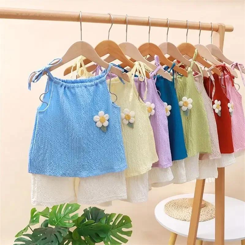 Ensemble deux pièces pour filles, gilet et short à fleurs, à la mode coréenne, vêtements quotidiens 