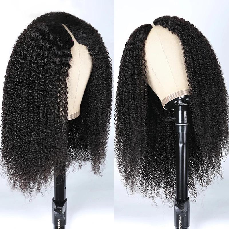 Kinky Curly V Part Perruque de cheveux humains pour femme, sans laisser de côté, partie fine, perruq