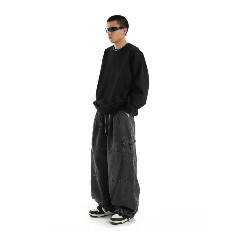 Jean Cargo Baggy noir pour hommes, pantalon de Jogging décontracté à jambes larges, surdimensionné, 