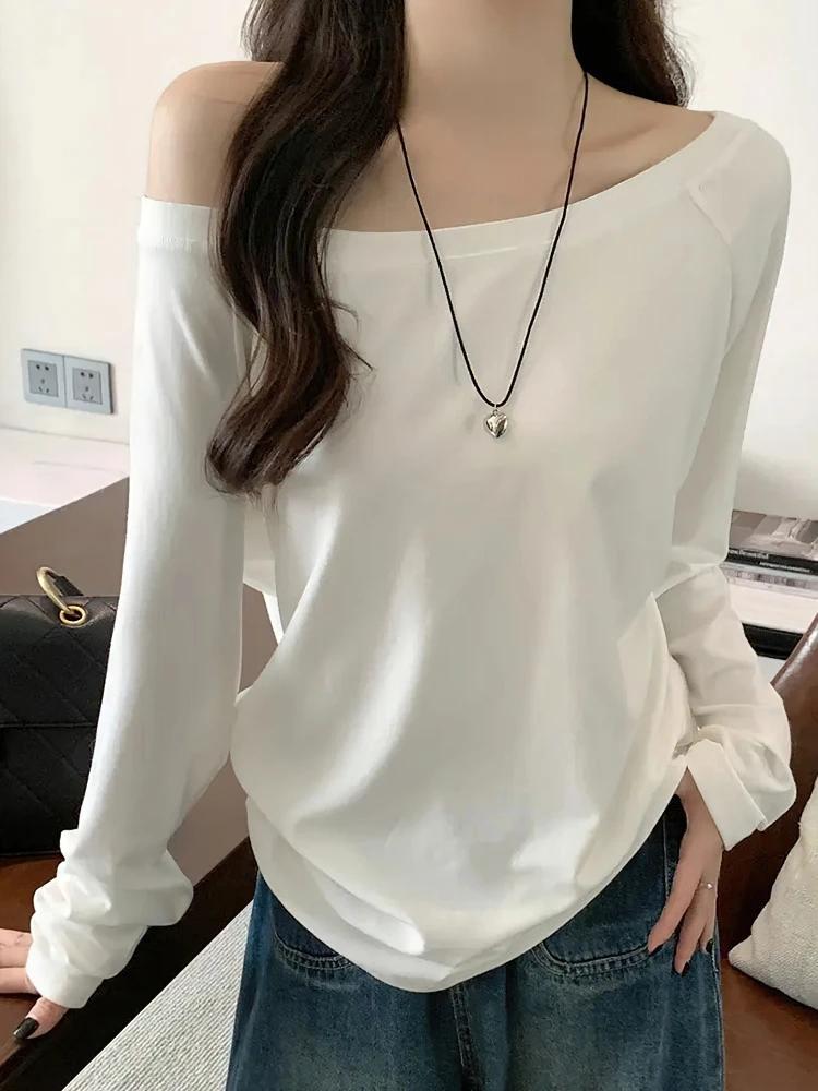 Surdimensionné épaules dénudées à manches longues t-shirt femmes couleur unie décontracté hauts dame