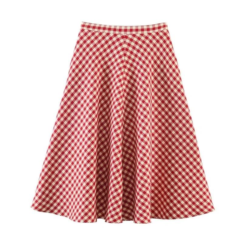 Jupe midi trapèze rouge à carreaux pour femme – Taille haute, ourlet évasé, jupe décontractée de pri