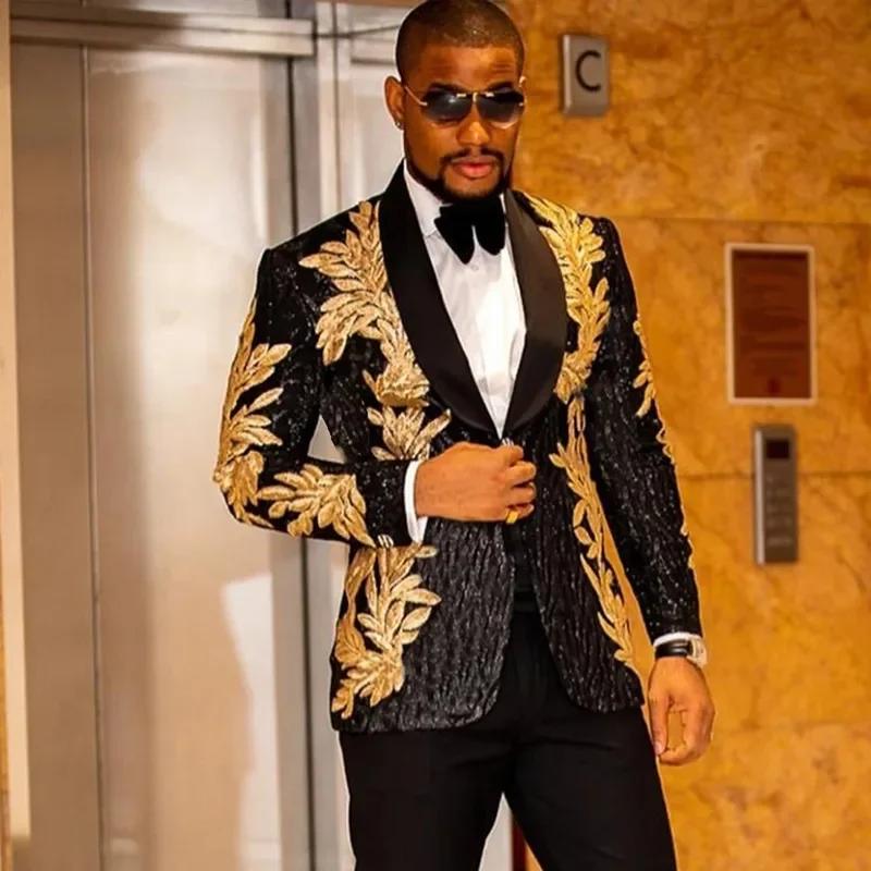 Ensemble de costume tendance pour hommes, avec des appliques de paillettes dorées, veste décontracté