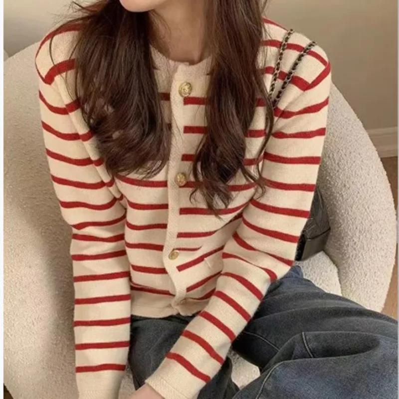 Cardigan à Rayures pour Femme, Col Rond, Simple Boutonnage, Manches sulf, Crop, Y-Fashion, Décontrac